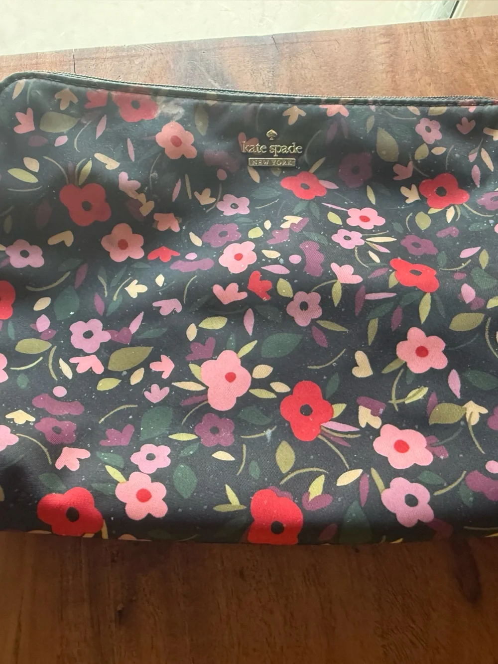 kate spade floral cosmetic pouch in black with pink & red flowers